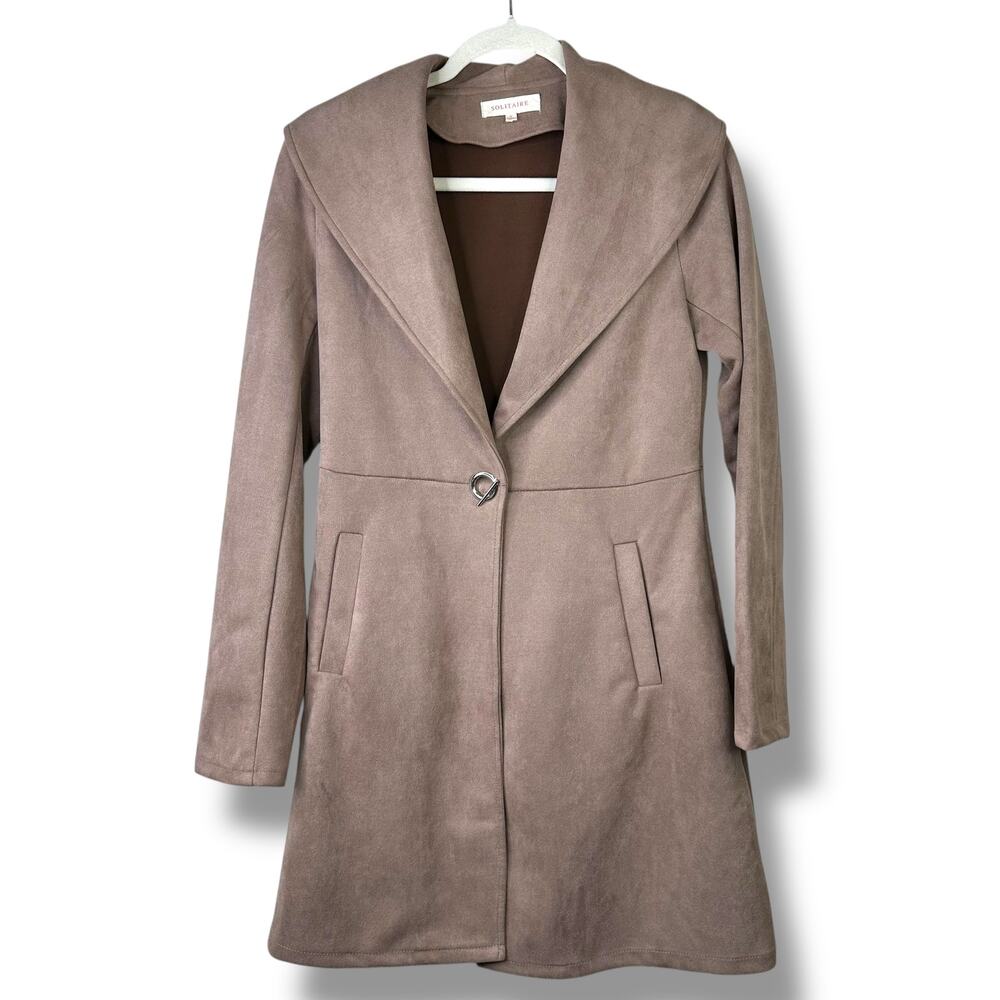 Solitaire Soft Taupe Faux Suede Shawl Waterfall Collar Duster Draped Fit Jacket